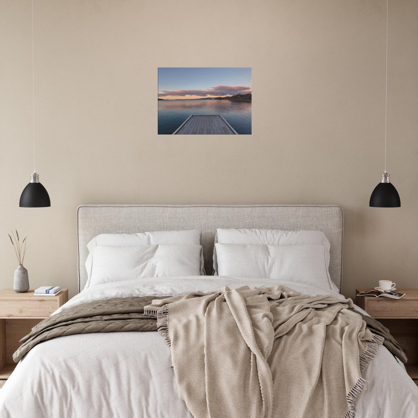 Jetty over Lake Rotorua at dusk with soft clouds and reflections in Echoes of the Lake by New Zealand designer Ben Hart.