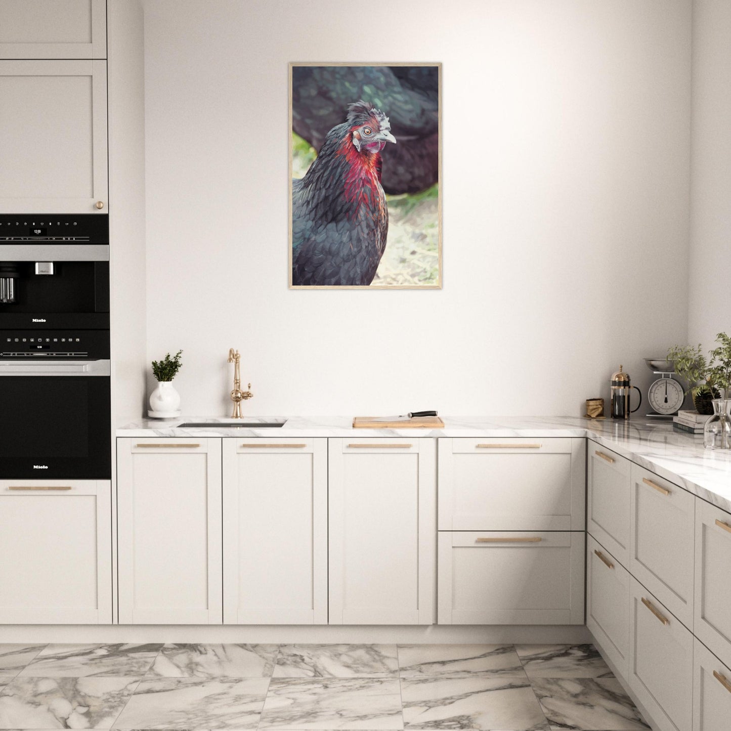 Vibrant close-up artwork of a quirky chicken with bright feathers and a bold expression.