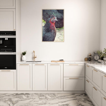 Vibrant close-up artwork of a quirky chicken with bright feathers and a bold expression.