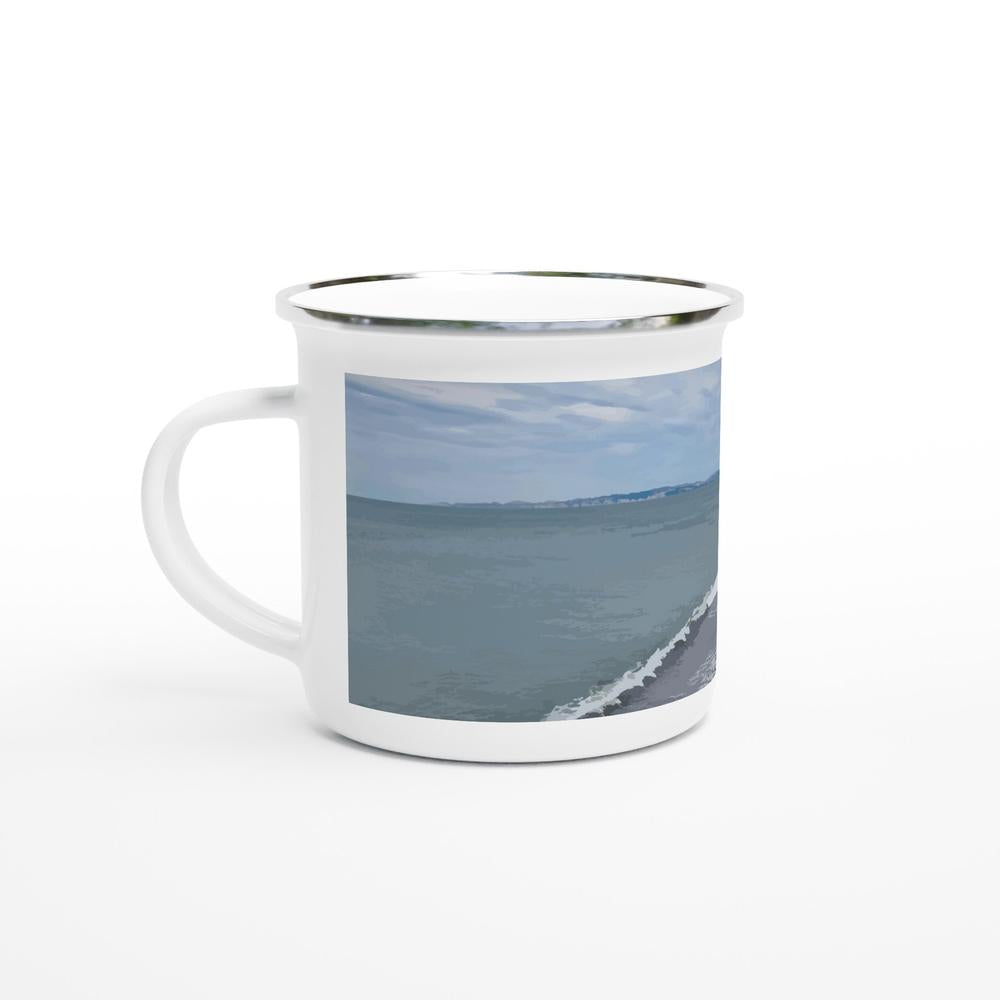 Designer enamel mugs with artwork by NZ designer