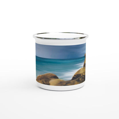 Designer enamel mugs with artwork by NZ designer