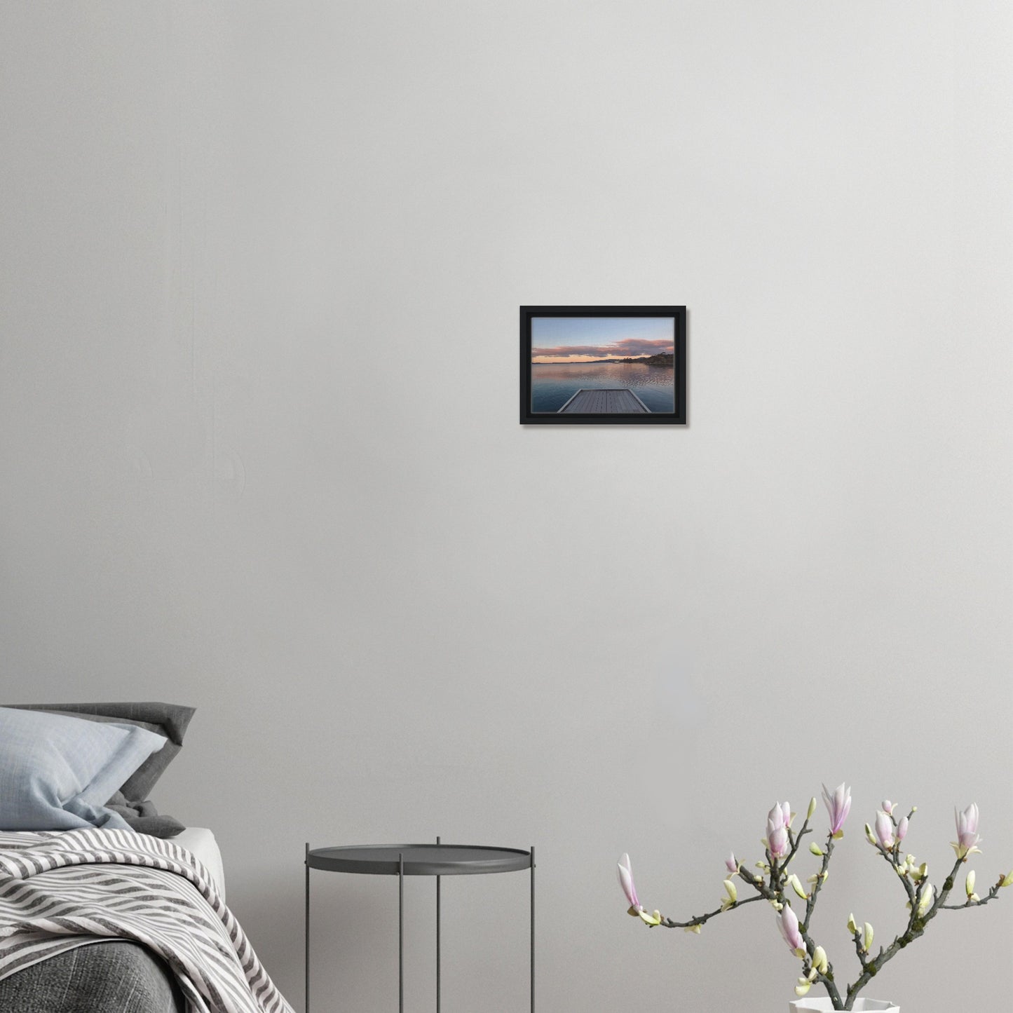 Jetty over Lake Rotorua at dusk with soft clouds and reflections in Echoes of the Lake by New Zealand designer Ben Hart.