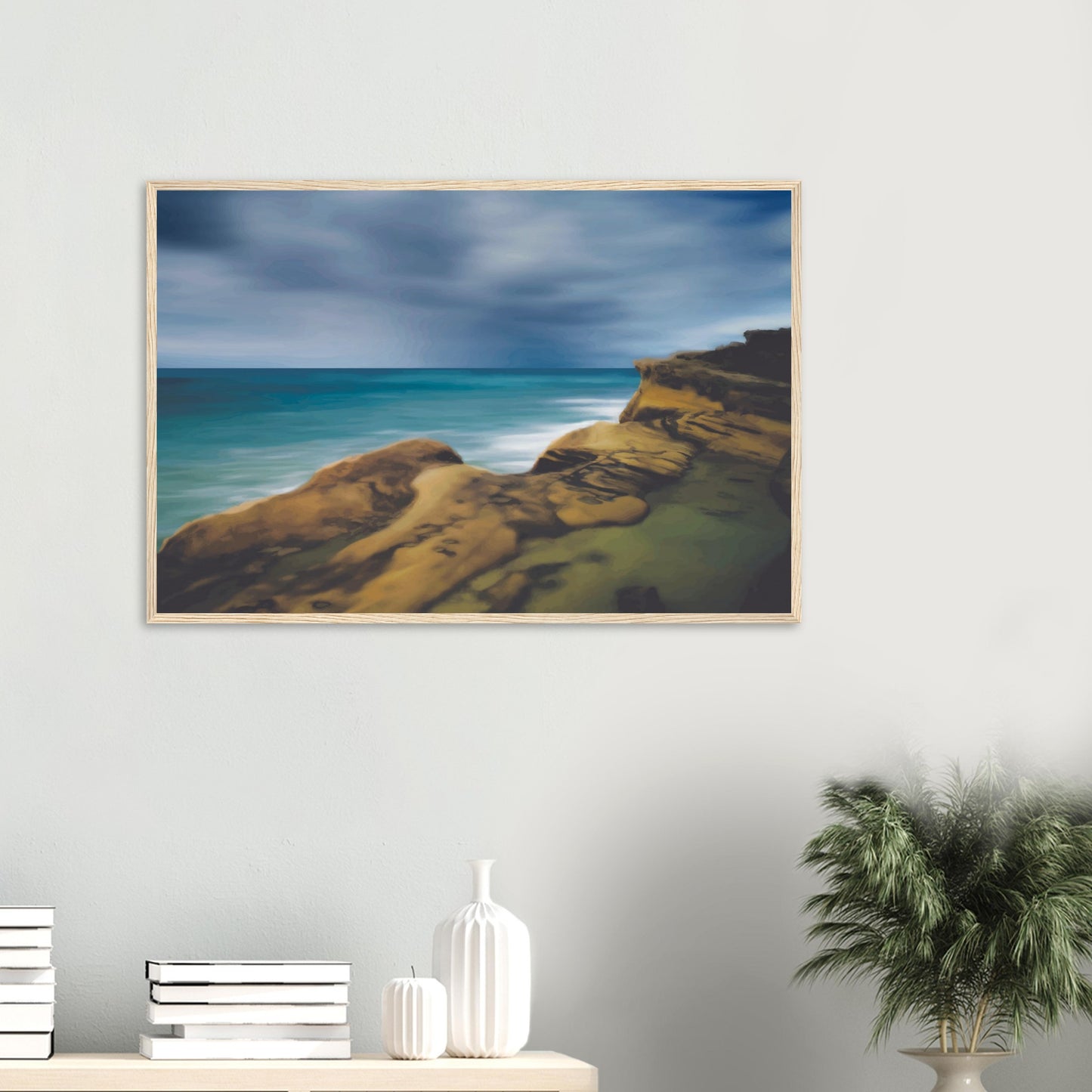 Moody seascape artwork of Castlepoint, with cliffs in the foreground and dark ocean under a brooding sky.