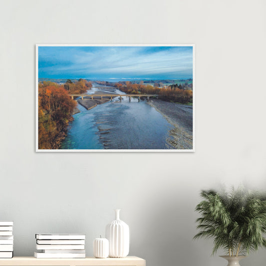Aerial artwork of bridges crossing the Tuki Tuki River with the Ruahine Ranges in the distance, in cool, calm light.