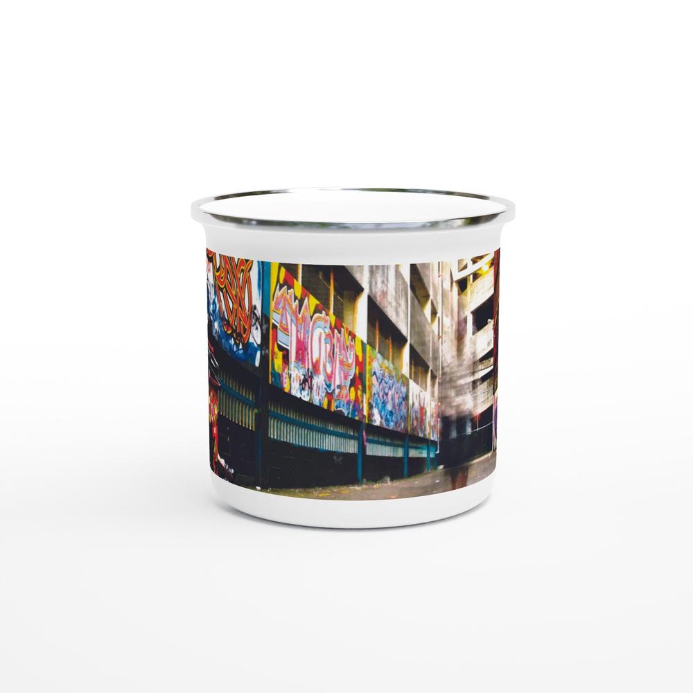 Designer enamel mugs with artwork by NZ designer