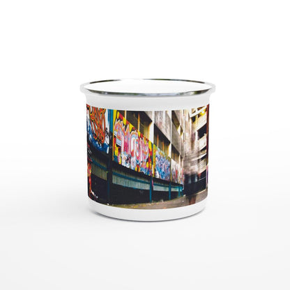 Designer enamel mugs with artwork by NZ designer