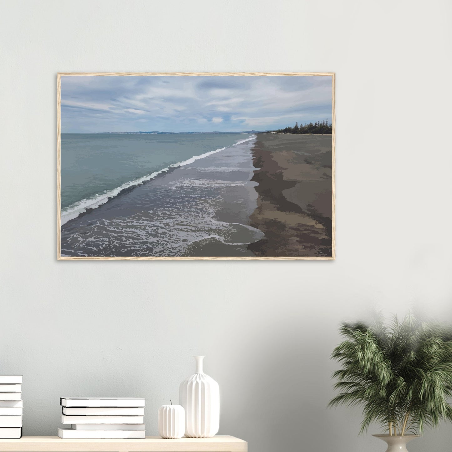Gentle waves roll onto the dark sand, stretching endlessly into the distance under a softly clouded sky. Hints of pine trees and distant land complete the scene