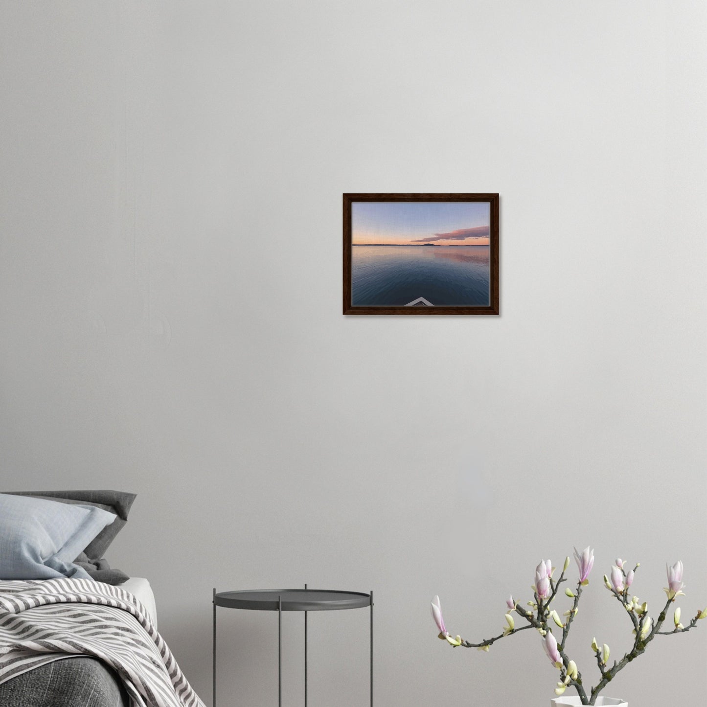 View from jetty over calm Lake Rotorua at sunset in the peaceful artwork Edge of Stillness by NZ designer Ben Hart.