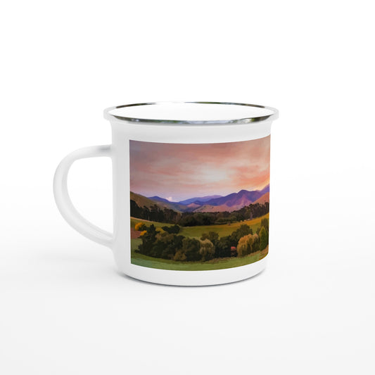 'Above the Pines' white 12oz enamel mug