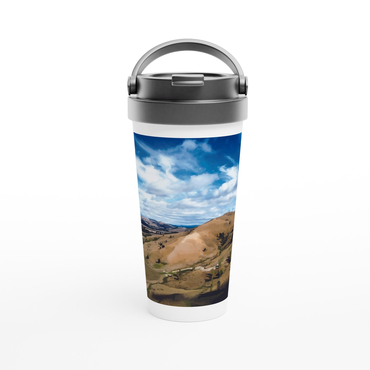 Designer stainless steel travel mug with artwork by NZ designer