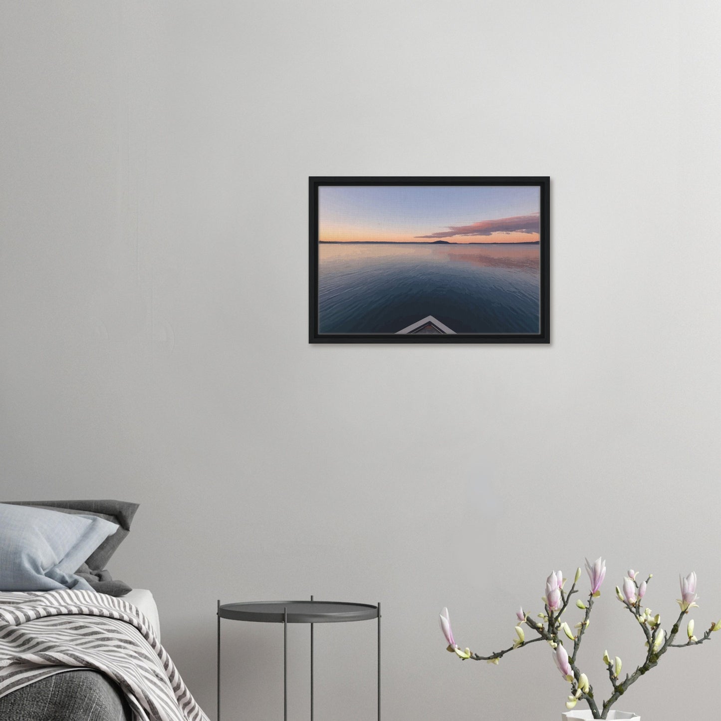 View from jetty over calm Lake Rotorua at sunset in the peaceful artwork Edge of Stillness by NZ designer Ben Hart.