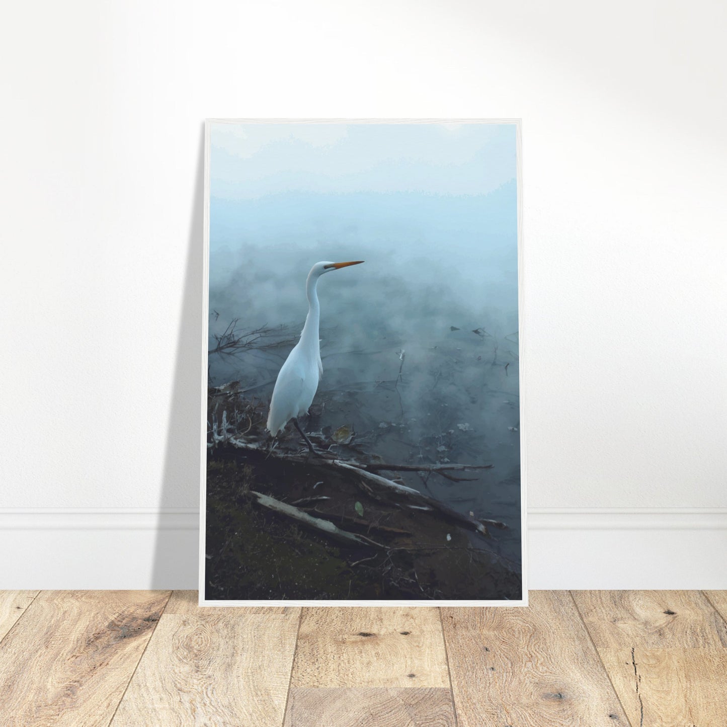 White Heron in the mist captures the quiet elegance of a white heron poised beside mist-covered waters. 