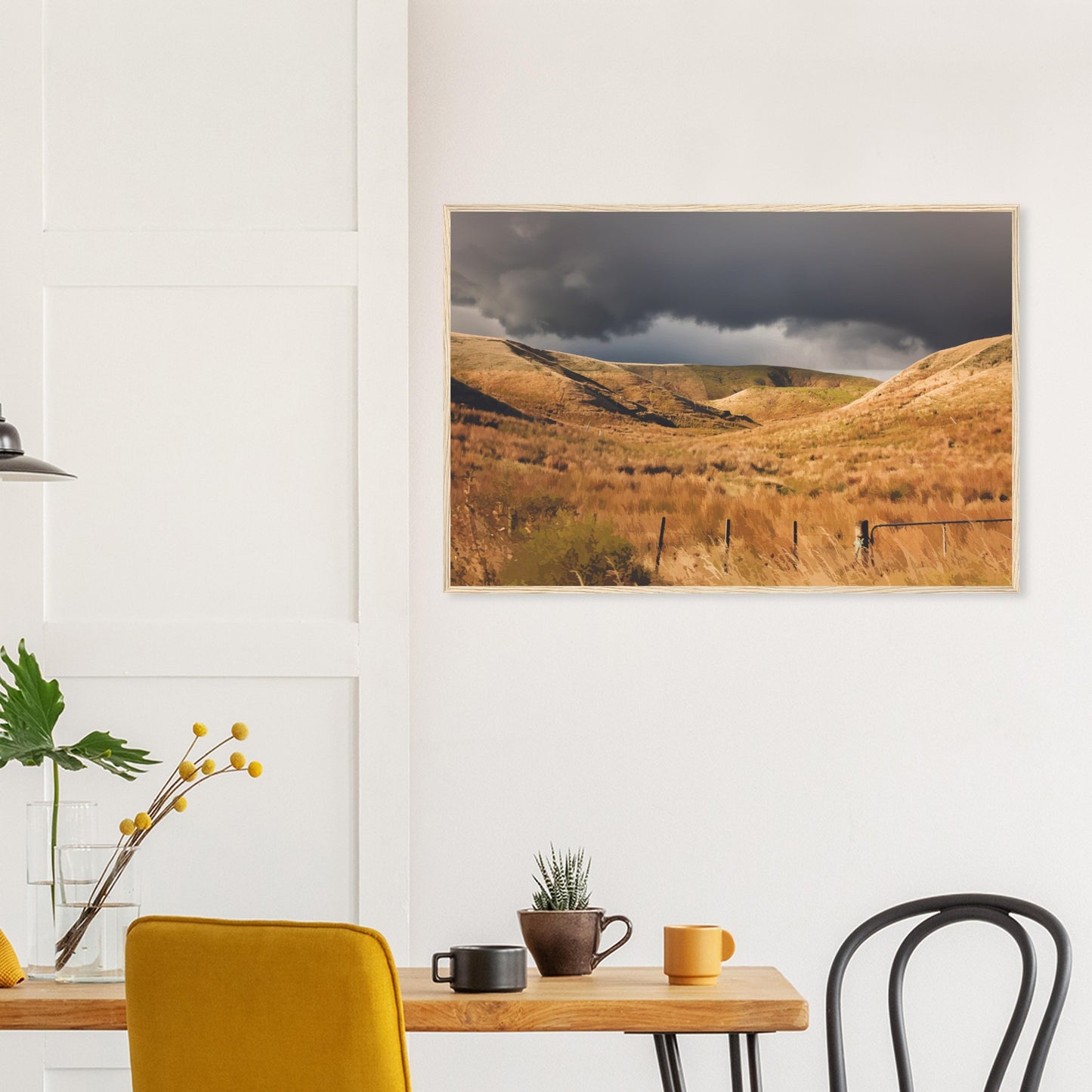 Golden Hawke’s Bay hills beneath dark clouds in a nostalgic NZ landscape artwork titled Trip Home by Ben Hart.