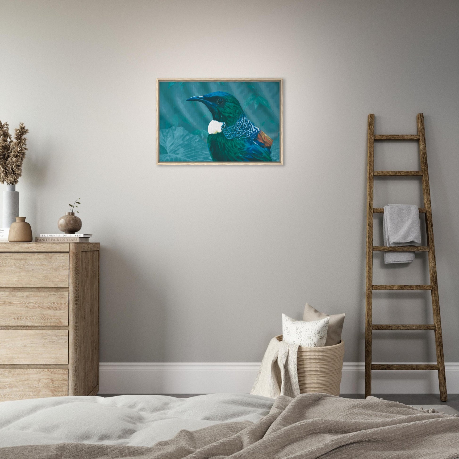 With rich teal and emerald hues and the tūī’s signature white throat tufts, the artwork evokes the dappled light of the forest and the bird’s melodic presence among the trees.
