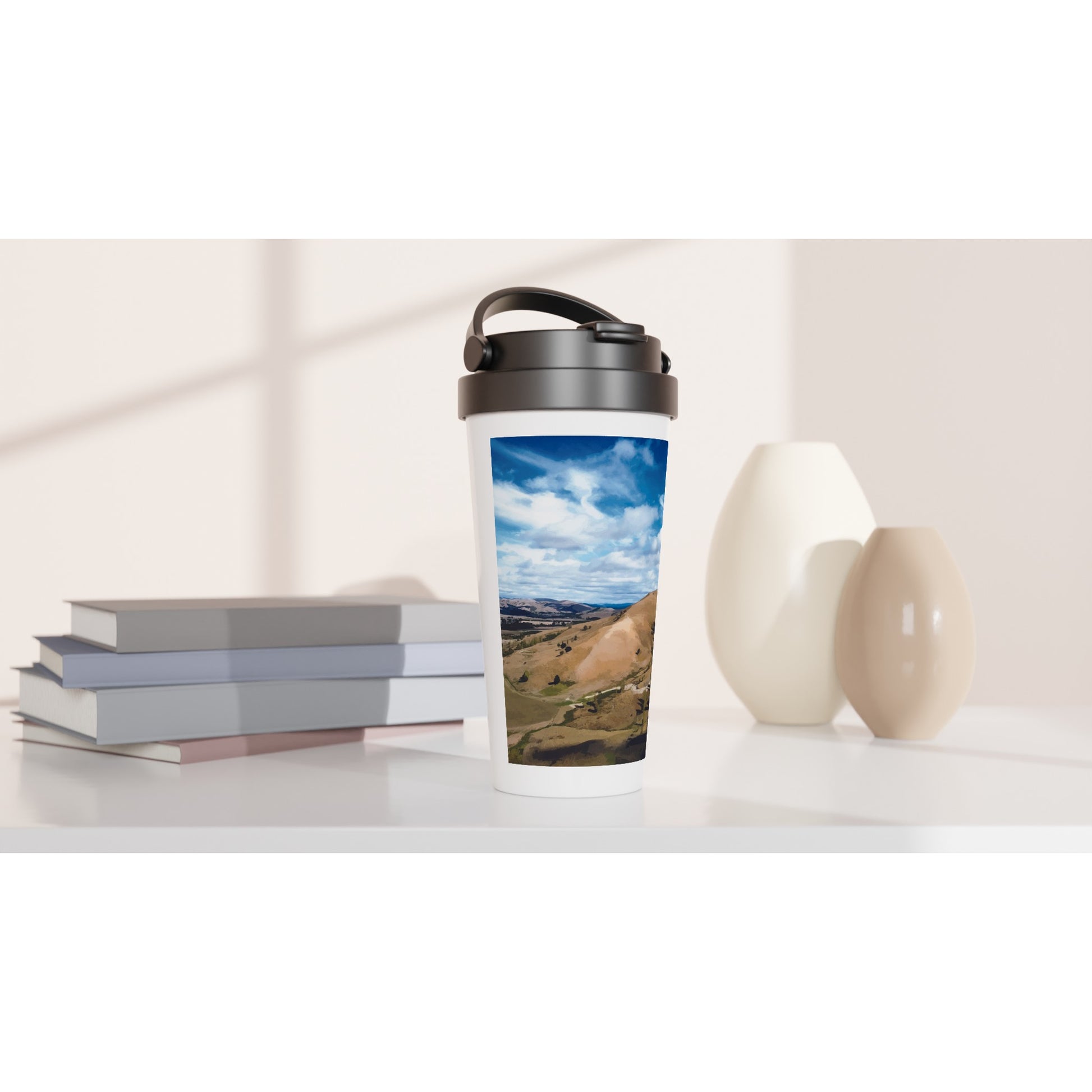 Designer stainless steel travel mug with artwork by NZ designer