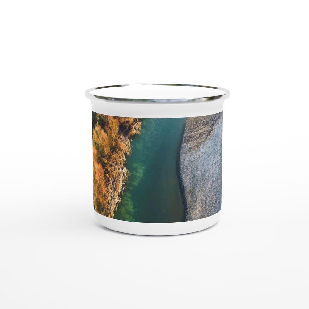Designer enamel mugs with artwork by NZ designer
