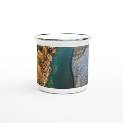 Designer enamel mugs with artwork by NZ designer