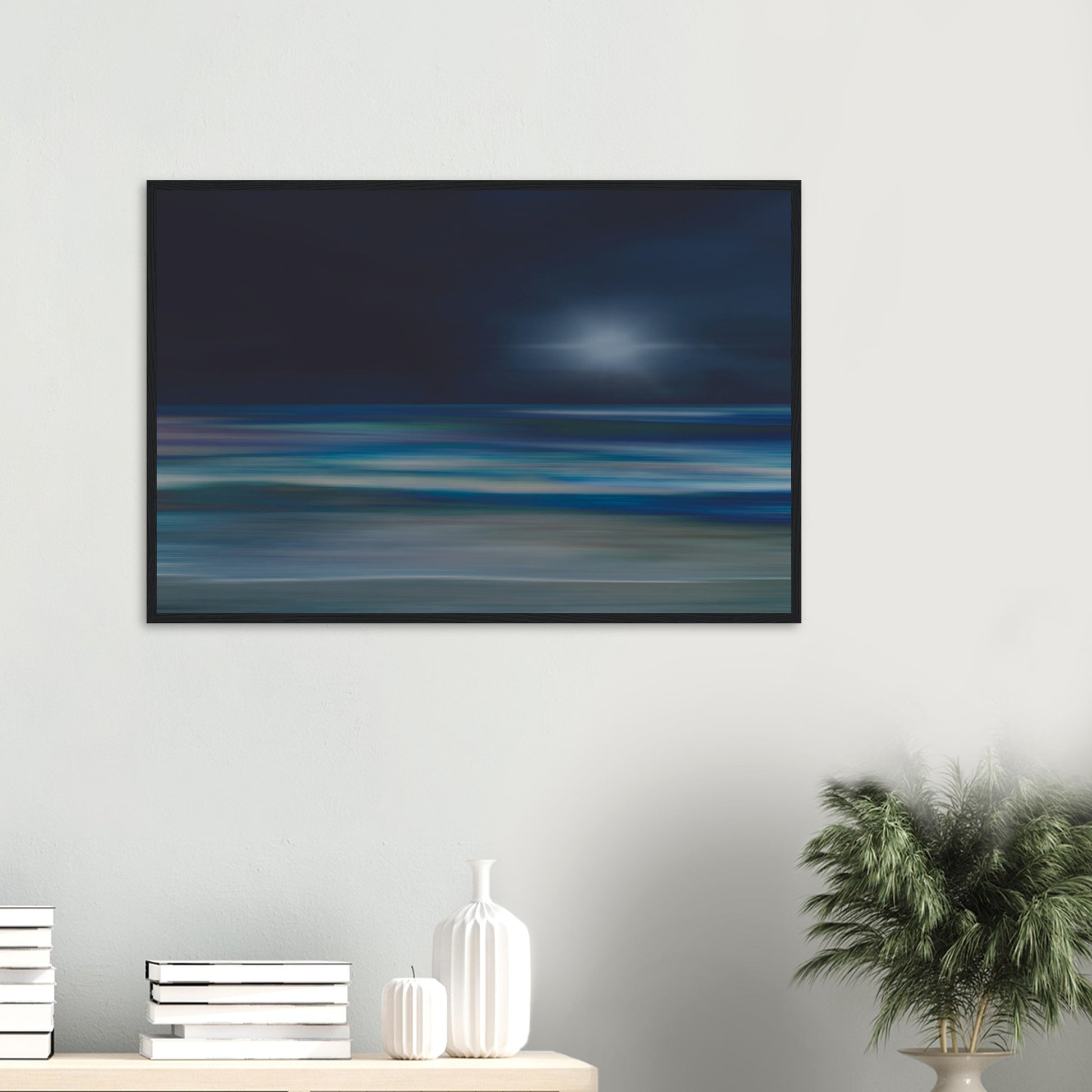 Moody artwork of an abstract sea with dark skies and light on the horizon, evoking calm and quiet transformation.