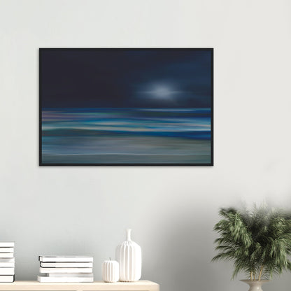 Moody artwork of an abstract sea with dark skies and light on the horizon, evoking calm and quiet transformation.