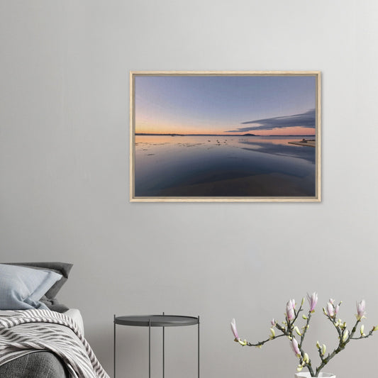 Peaceful Lake Rotorua at sunset with soft pastels, black swans and reflections in Whispers on the Lake by Ben Hart.