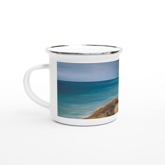 Designer enamel mugs with artwork by NZ designer