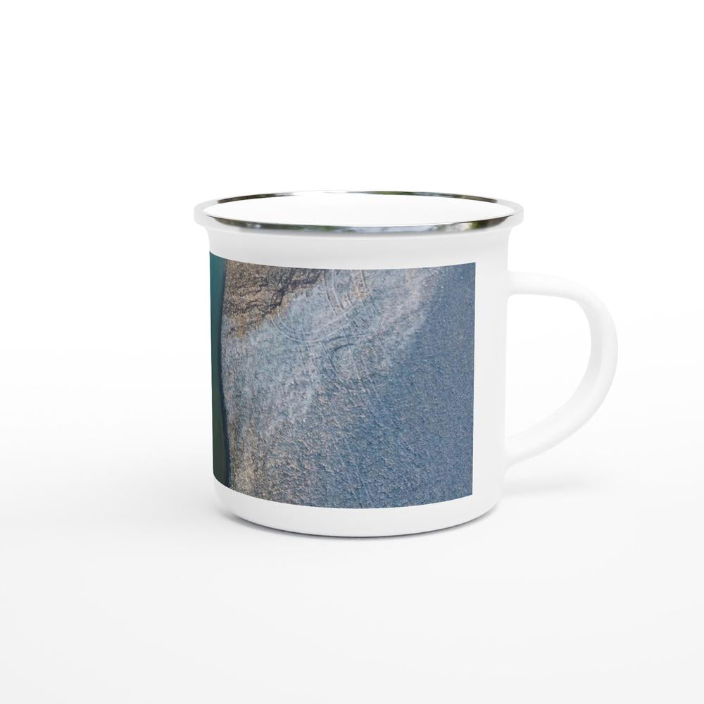 Designer enamel mugs with artwork by NZ designer
