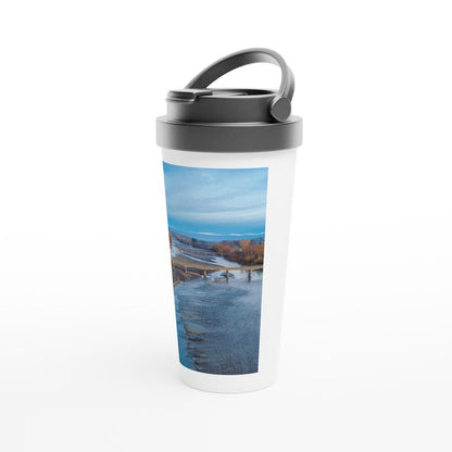 Designer stainless steel travel mug with artwork by NZ designer
