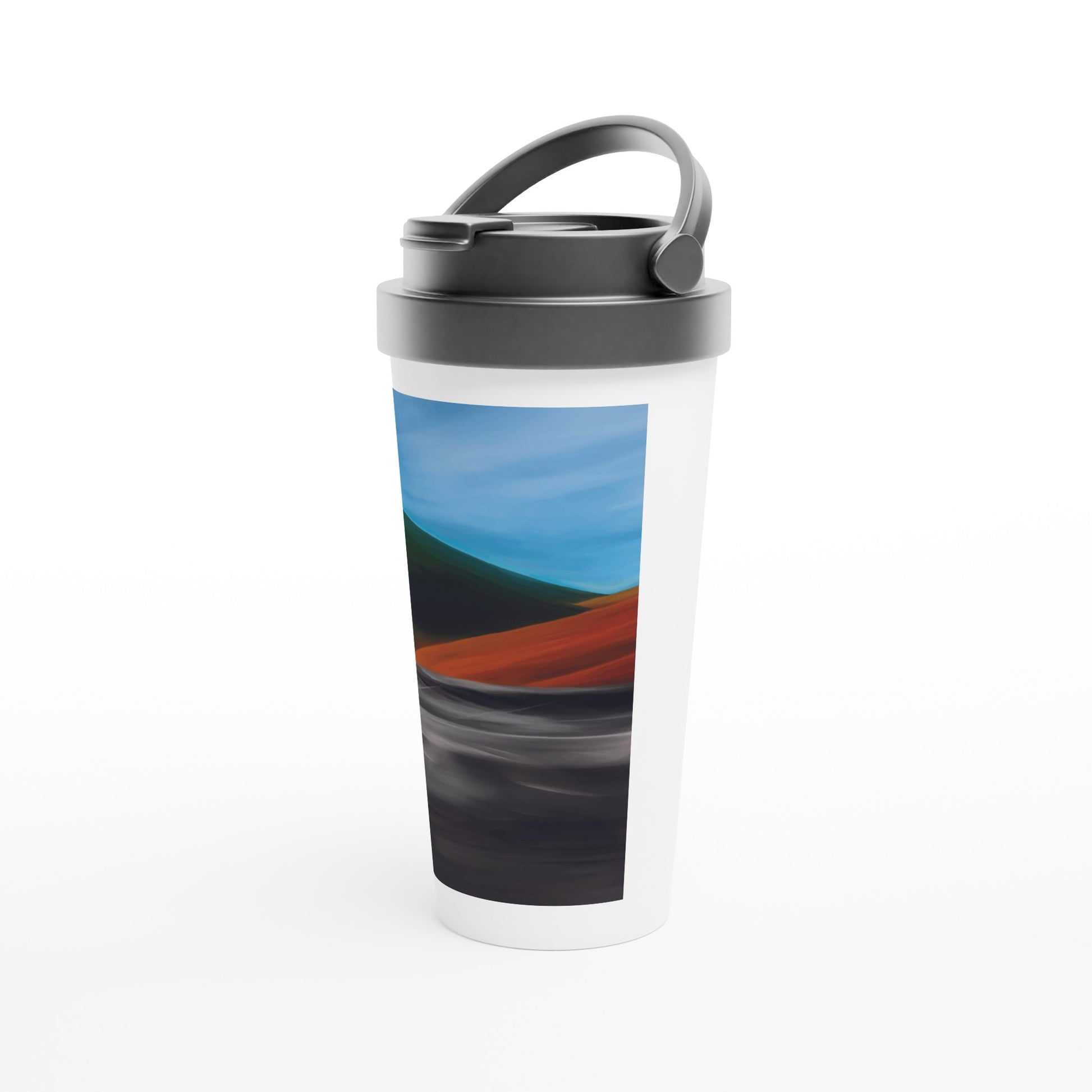 Designer stainless steel travel mug with artwork by NZ designer