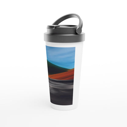 Designer stainless steel travel mug with artwork by NZ designer