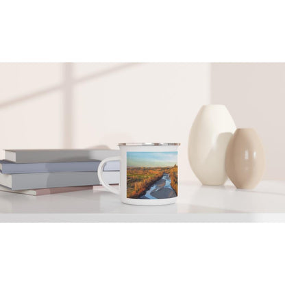 Designer enamel mugs with artwork by NZ designer