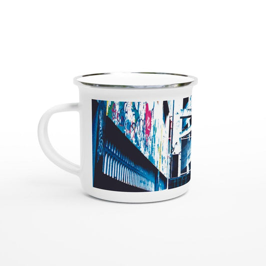 Designer enamel mugs with artwork by NZ designer