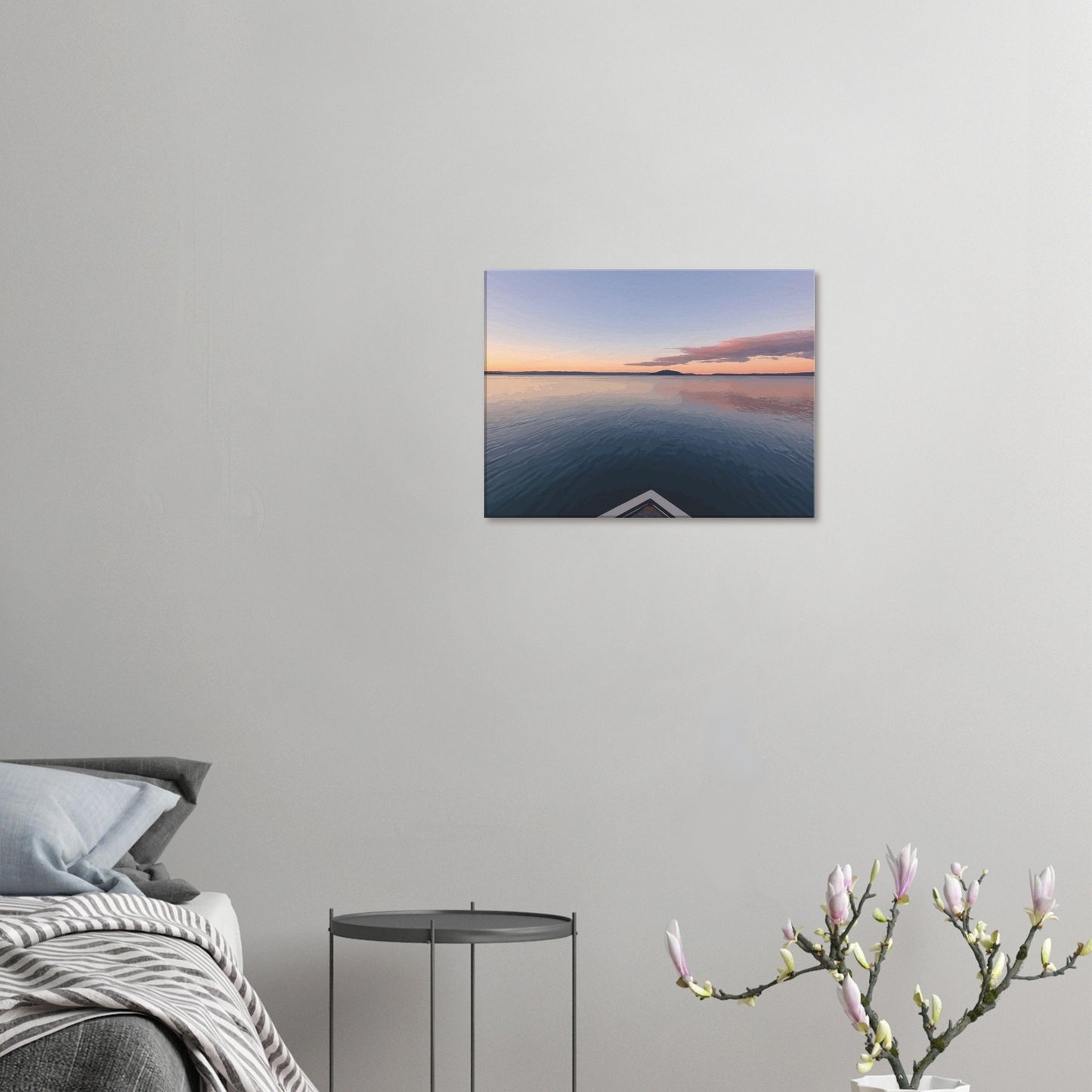 View from jetty over calm Lake Rotorua at sunset in the peaceful artwork Edge of Stillness by NZ designer Ben Hart.