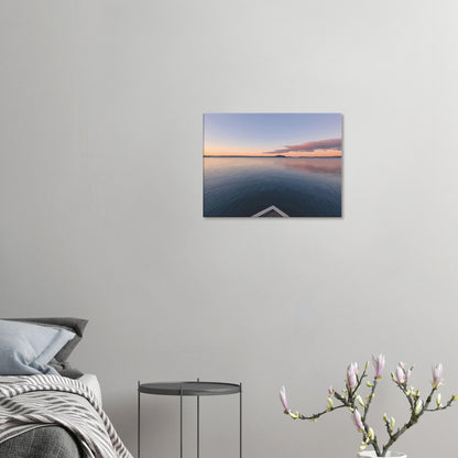 View from jetty over calm Lake Rotorua at sunset in the peaceful artwork Edge of Stillness by NZ designer Ben Hart.