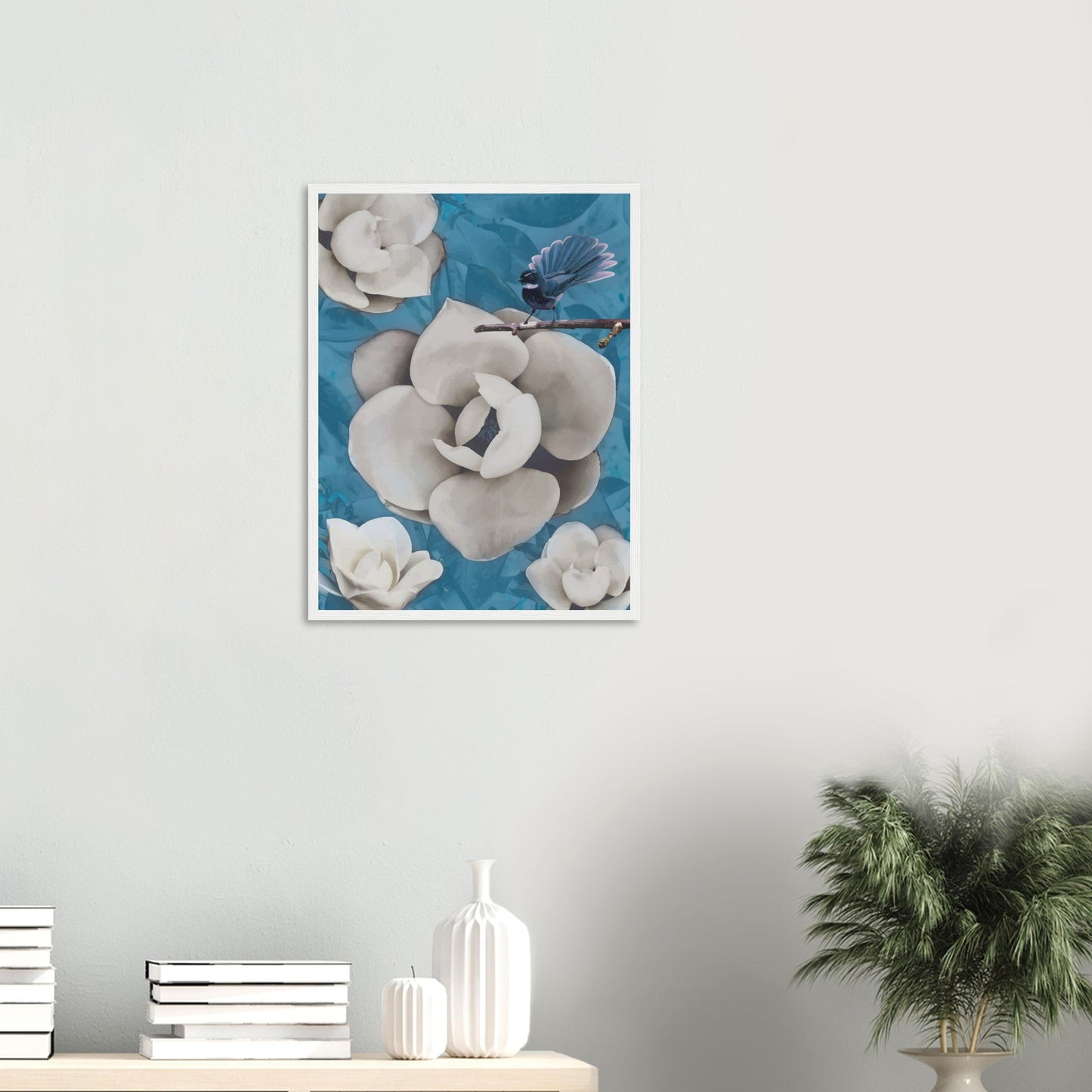 Artwork of a New Zealand pīwakawaka with its tail fanned wide, perched and alert with cool blue tones behind.
