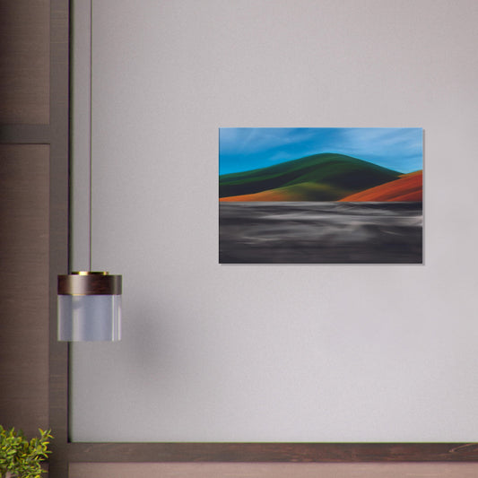 Vibrant artwork of abstract hills and a shimmering road, capturing the feel of a hot summer day in New Zealand.