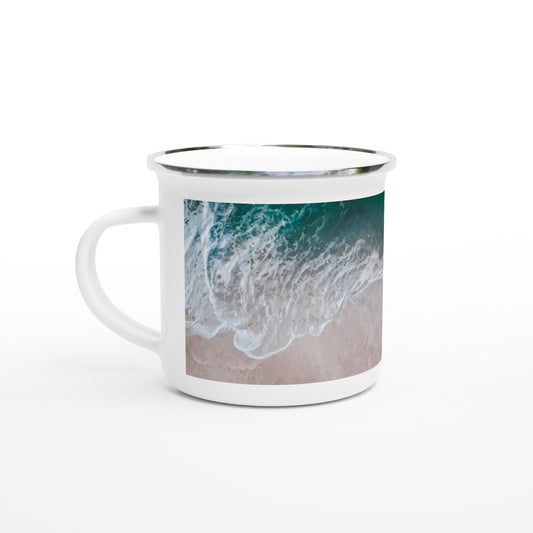 'Ocean View' white 12oz enamel mug