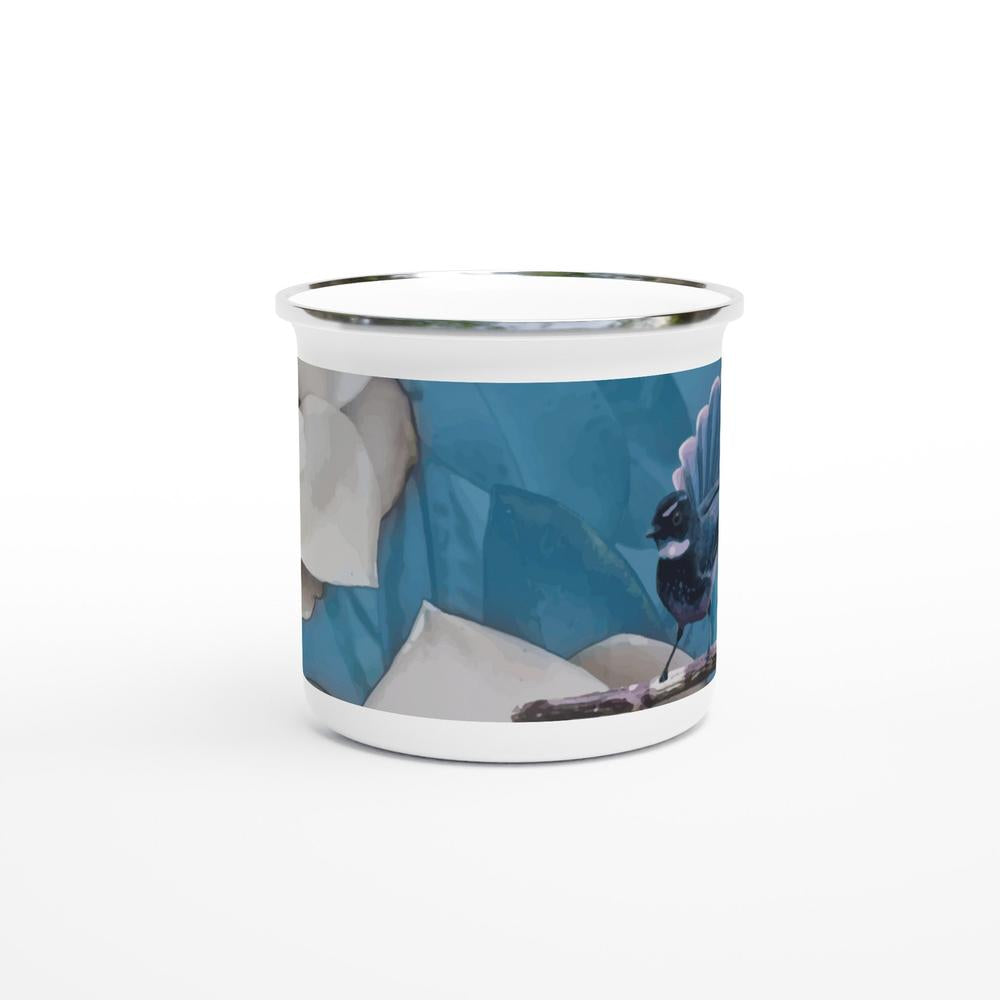 Designer enamel mugs with artwork by NZ designer
