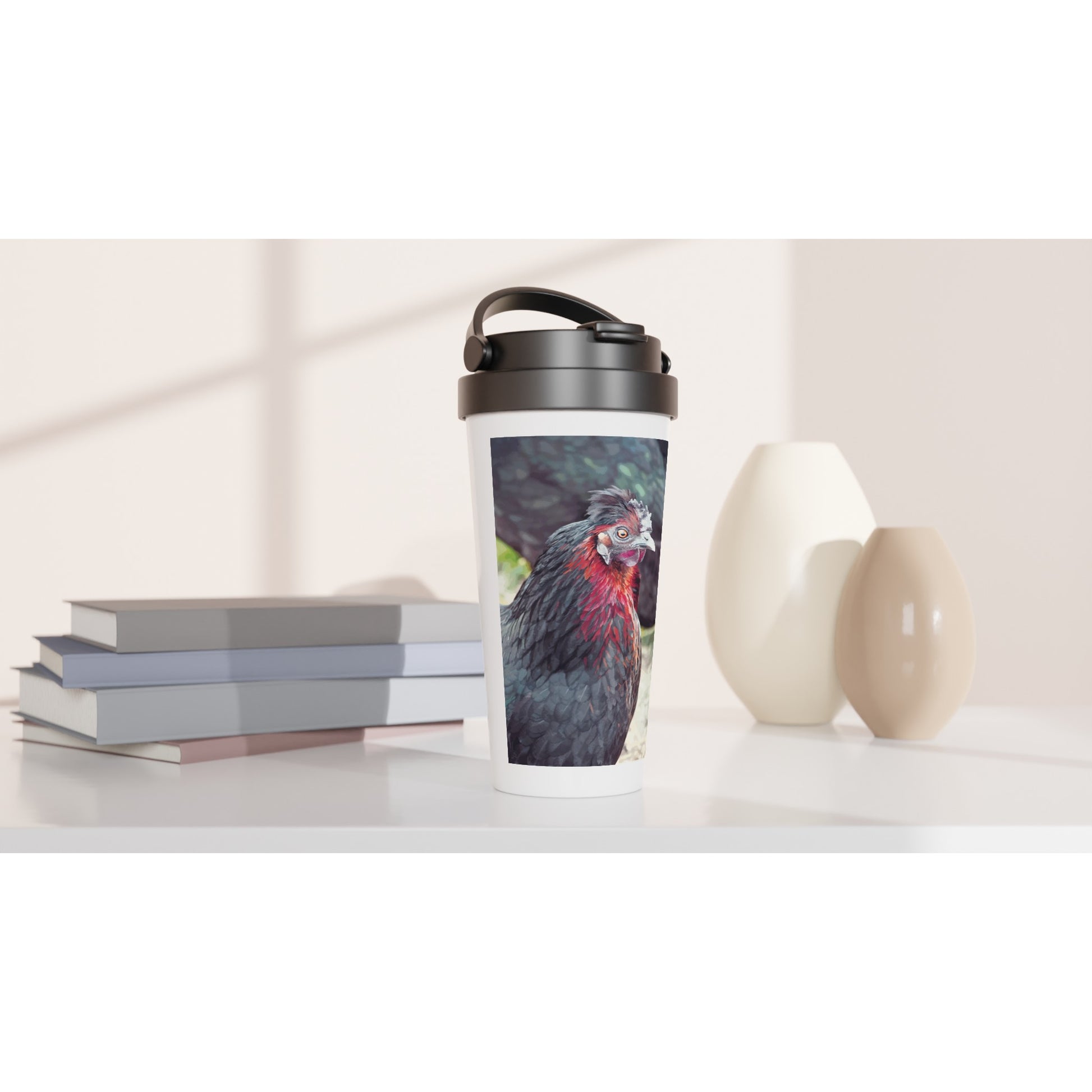 Designer stainless steel travel mug with artwork by NZ designer