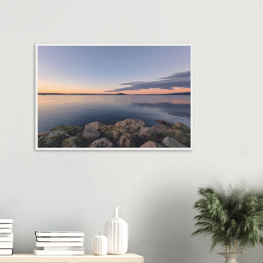 Peaceful Lake Rotorua view with mossy rocks and soft pastel reflections in Calm Waters by NZ artist Ben Hart.