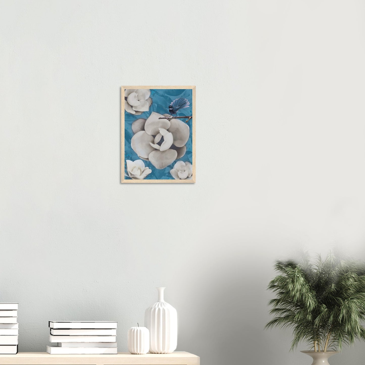 Artwork of a New Zealand pīwakawaka with its tail fanned wide, perched and alert with cool blue tones behind.