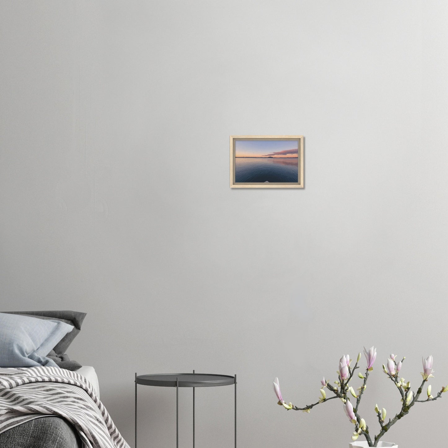 View from jetty over calm Lake Rotorua at sunset in the peaceful artwork Edge of Stillness by NZ designer Ben Hart.