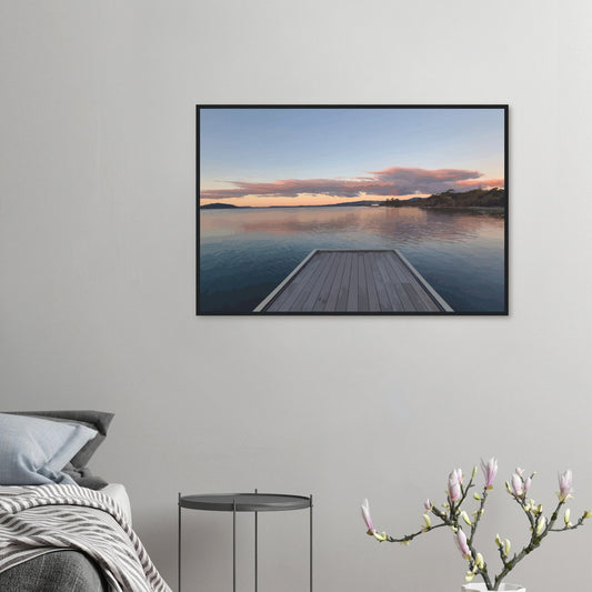 Jetty over Lake Rotorua at dusk with soft clouds and reflections in Echoes of the Lake by New Zealand designer Ben Hart.