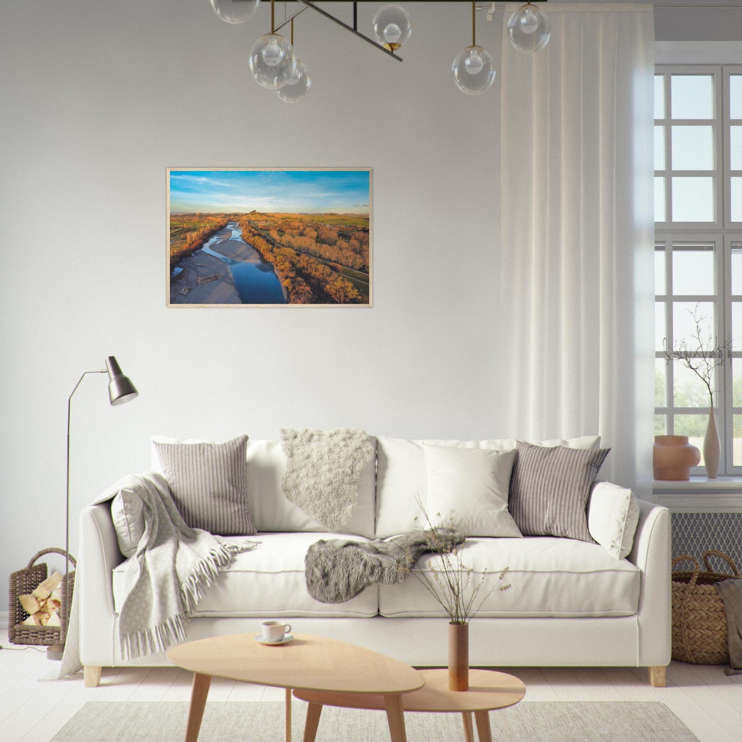 Aerial artwork of the Tukituki River winding through farmland, glowing in golden light with blue water reflections.