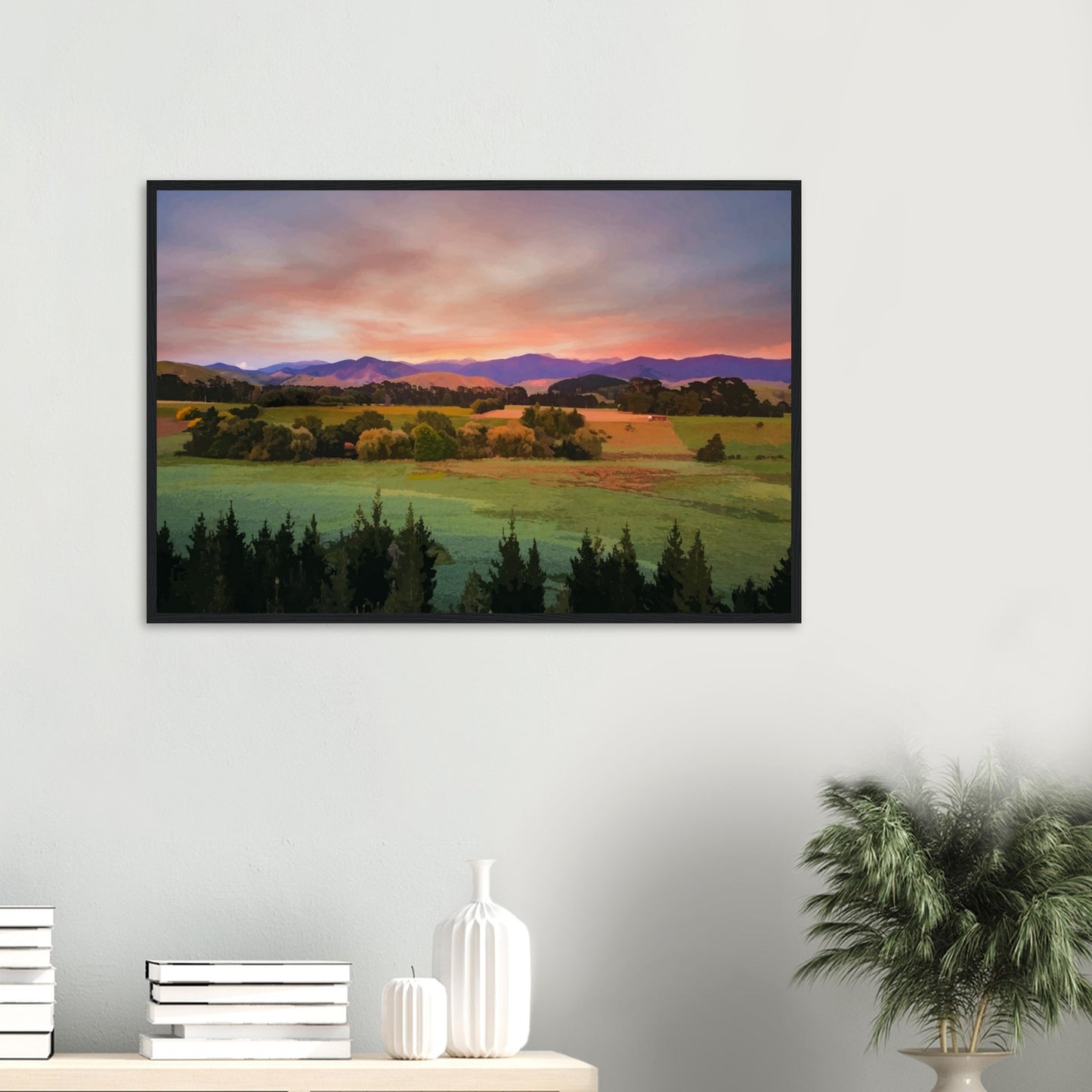 Artwork of a Wairarapa sunrise over pine trees and rolling farmland with soft light on the Tararua Ranges.