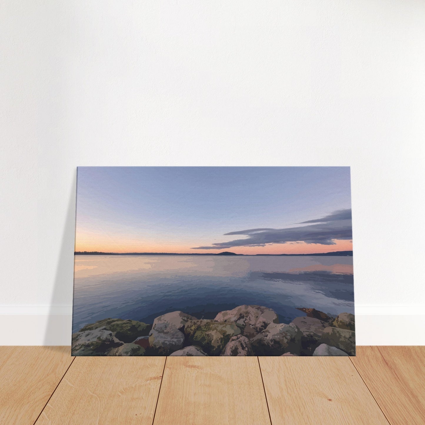 Peaceful Lake Rotorua view with mossy rocks and soft pastel reflections in Calm Waters by NZ artist Ben Hart.