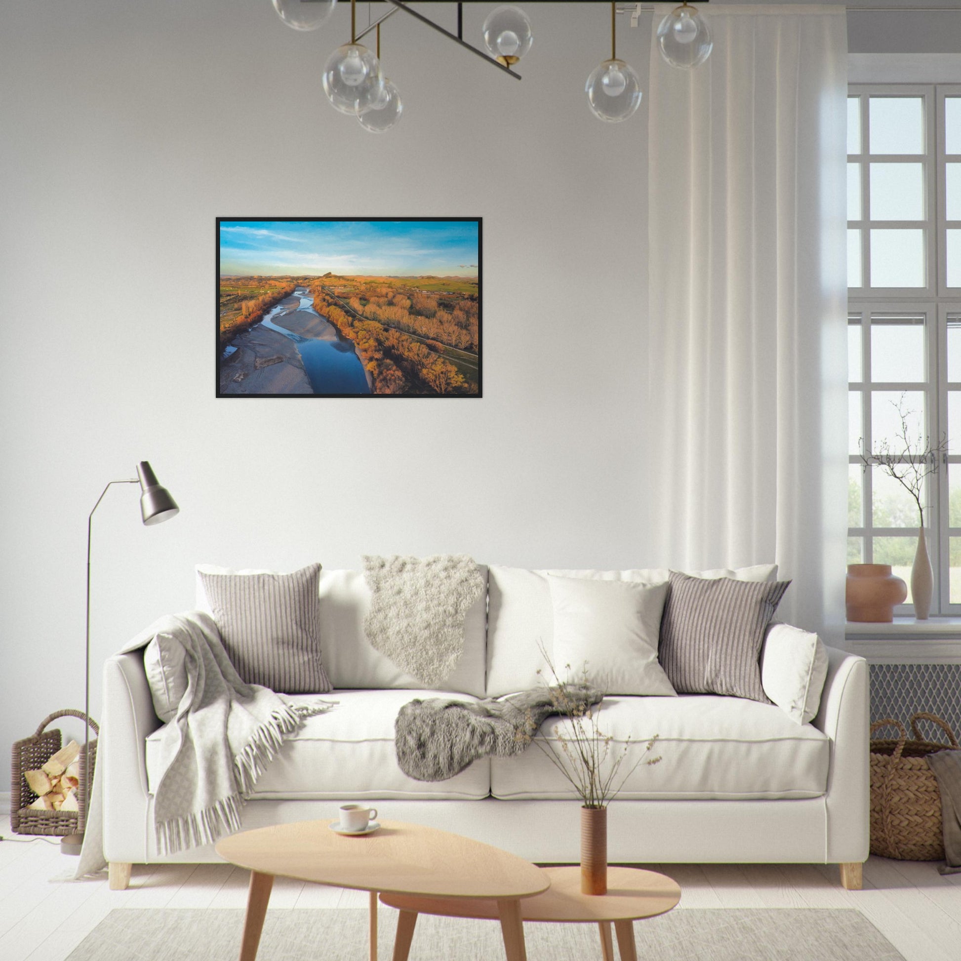 Aerial artwork of the Tukituki River winding through farmland, glowing in golden light with blue water reflections.