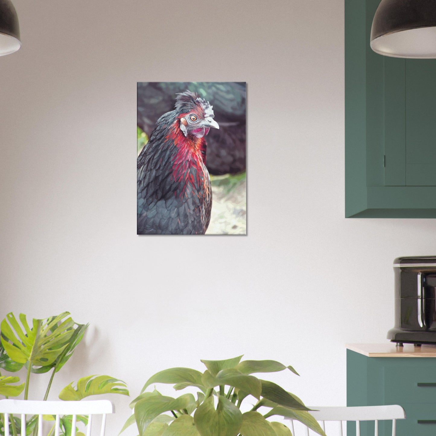 Vibrant close-up artwork of a quirky chicken with bright feathers and a bold expression.