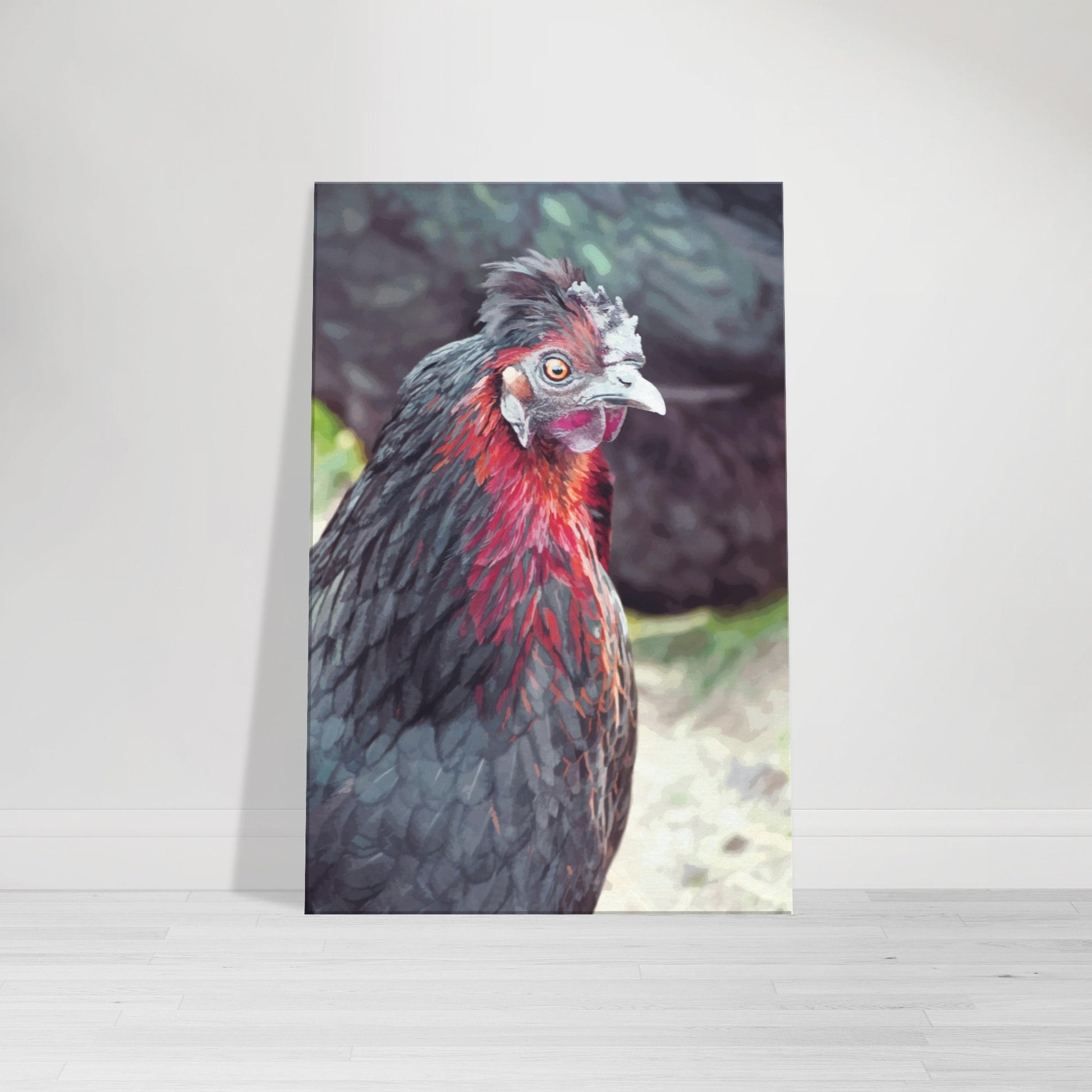 Vibrant close-up artwork of a quirky chicken with bright feathers and a bold expression.