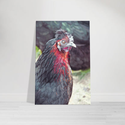 Vibrant close-up artwork of a quirky chicken with bright feathers and a bold expression.