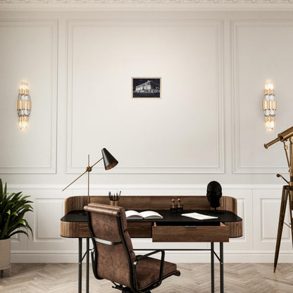 Monochrome artwork of Wellington’s Kirkaldie and Stains building lit at night, showcasing historic architectural details.